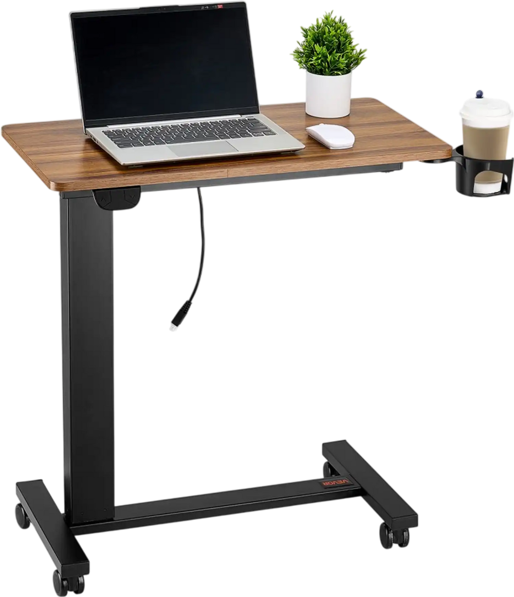 VEVOR Overbed Table, Mobile Bed Side Table with 4 Wheels, Electric Lifting with Upgrade Button, Rolling Laptop Desk with Cup Holder, Height Adjustable Overbed Desk for Home, Office, Study, Wood+Black