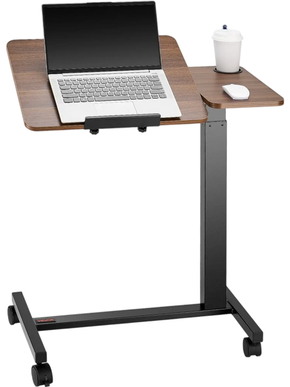 VEVOR Overbed Table, Mobile Bed Side Table with Flip Desktop and 4 Wheels, Height & Angle Adjustable Rolling Laptop Desk with Cup Holder, Portable Over Bed Desk for Home, Office, Study, Wood + Black