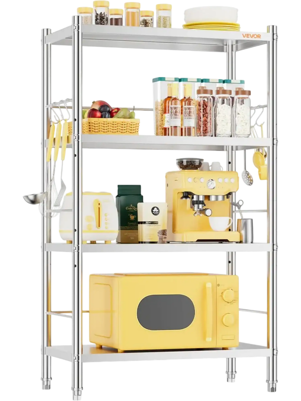VEVOR Stainless Steel Shelving 4-Tier 23.6 x 13.9 x 51.4 in Storage Rack, for Kitchen Pantry Garage, 300 lb Per Shelf Heavy-Duty Organizer with 3-Level Adjustable Shelves, 6 Hooks, Leveling Feet