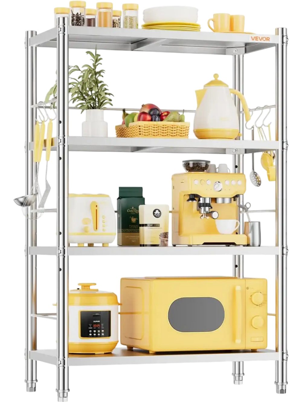 VEVOR Stainless Steel Shelving 4-Tier 31.6 x 15.9 x 51.2 in Storage Rack, for Kitchen Pantry Garage, 300 lb Per Shelf Heavy-Duty Organizer with 3-Level Adjustable Shelves, 6 Hooks, Leveling Feet