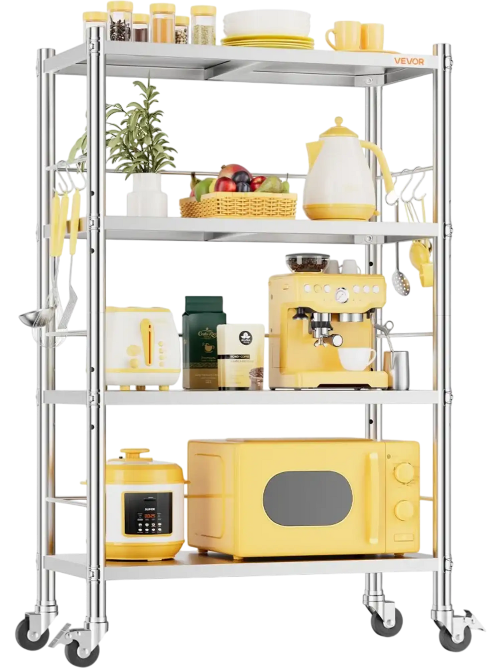 VEVOR Stainless Steel Shelving 4-Tier 31.5 x 15.8 x 53.7 in Storage Rack, for Kitchen Pantry Garage, 300 lb Per Shelf Heavy-Duty Freestanding Organizer with Wheels, 3-Level Adjustable Shelves, 6 Hook