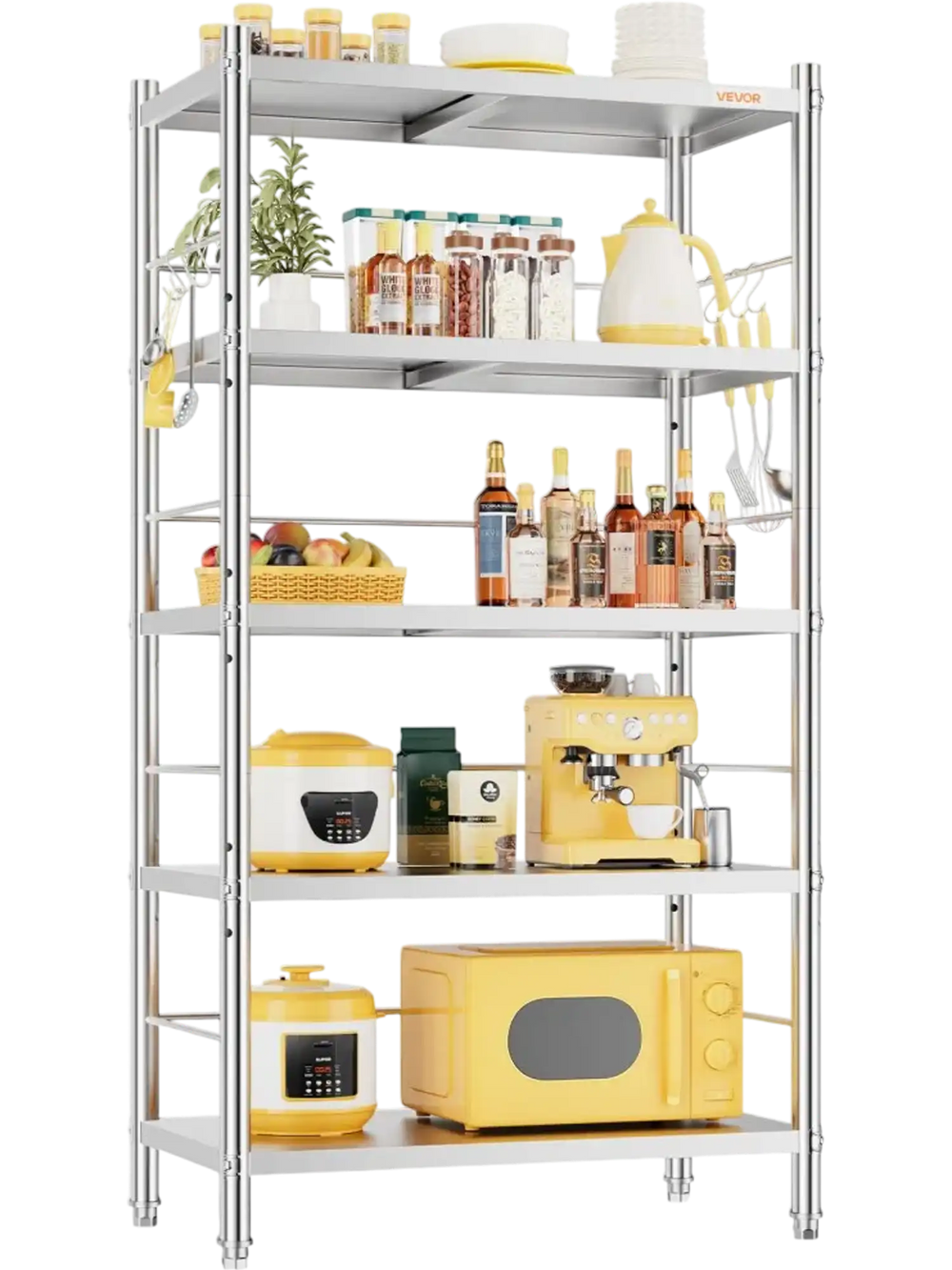 VEVOR Stainless Steel Shelving 5-Tier 31.5 x 15.8 x 70.9 in Storage Rack, for Kitchen Pantry Garage, 1500 lb Total Capacity Heavy-Duty Organizer with 3-Level Adjustable Shelves, 6 Hook, Leveling Feet