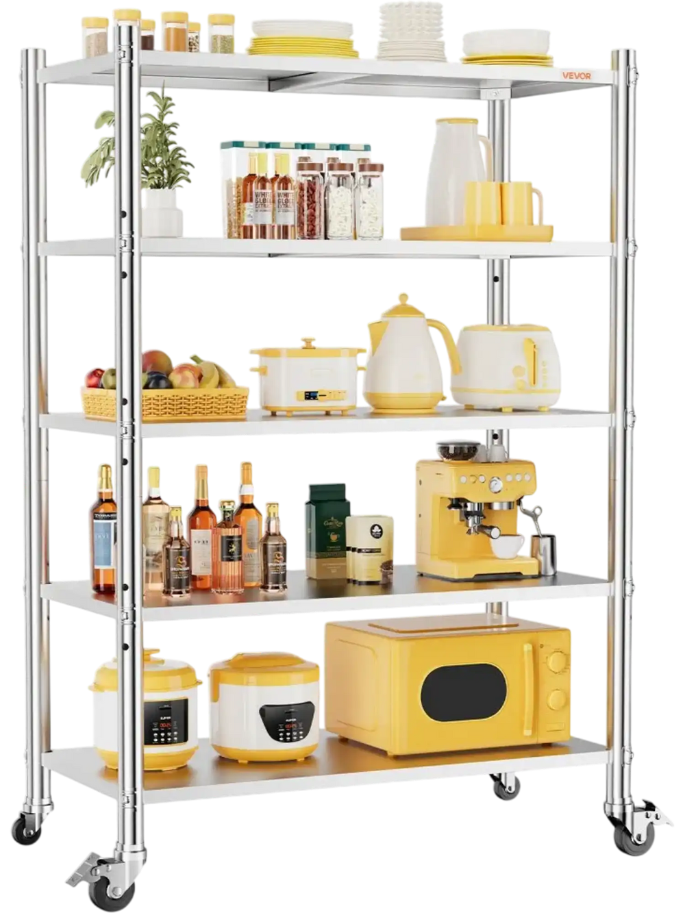 VEVOR Stainless Steel Shelving 5-Tier 47.2 x 17.7 x 73.7 in Storage Rack, for Kitchen Pantry Garage, 1200 lb Total Capacity Heavy-Duty Freestanding Organizer with Wheels, 3-Level Adjustable Shelves