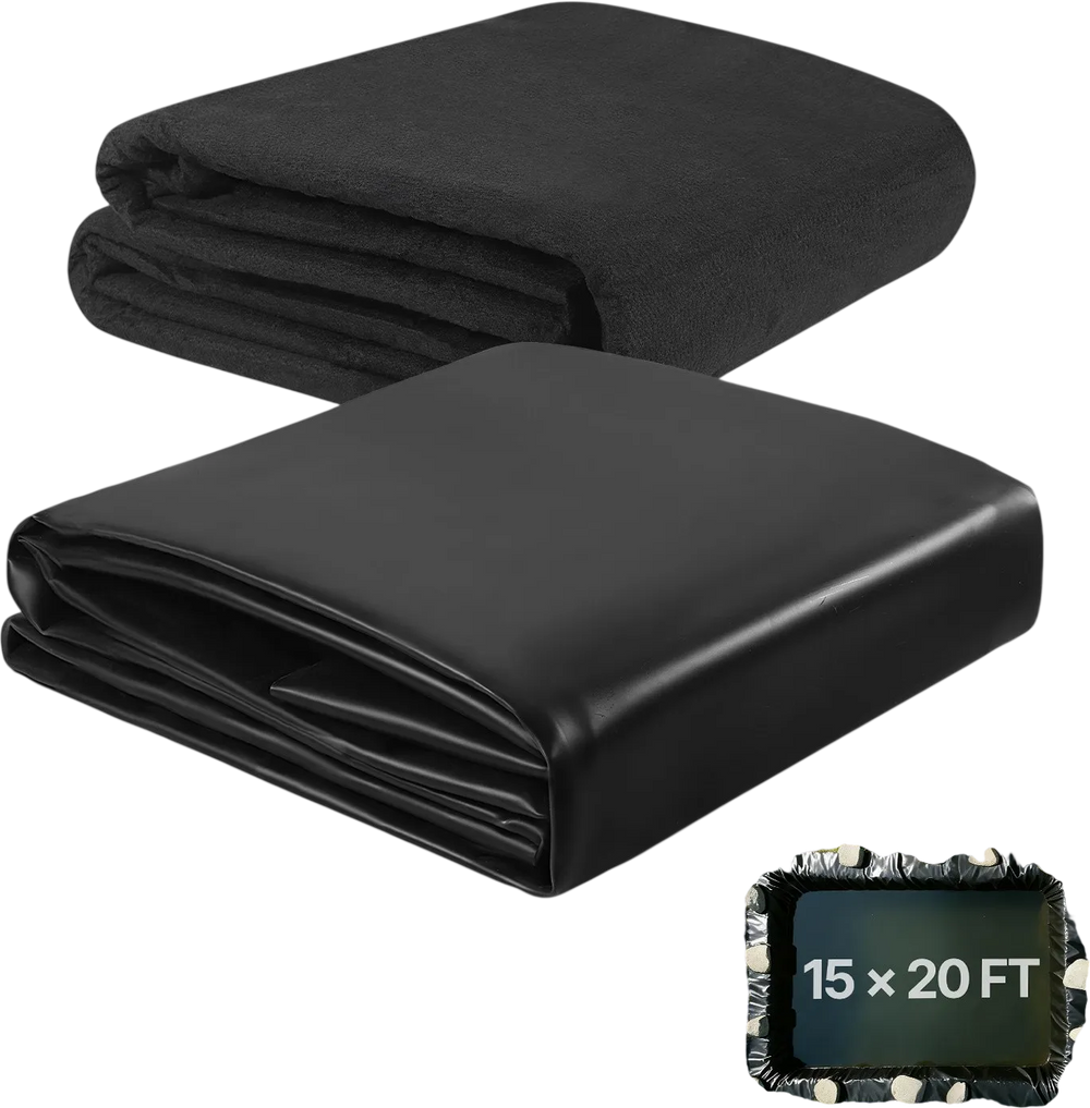 VEVOR Pond Liner 15 x 20 ft, 45 Mil, EPDM Rubber Fish Koi Pond Liner and Underlayment Combo, Easy to Cut, Durable & Leakproof, for Outdoor Ponds, Water Garden, Waterfall, Fishpond, Fountains, Black