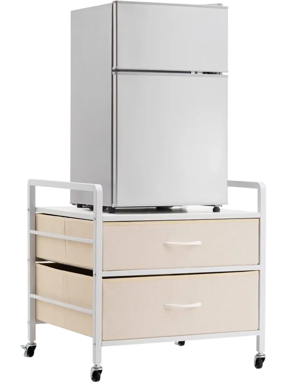 VEVOR Mini Fridge Stand with Storage, 176 lb-Capacity Mini Fridge Table with 2 Drawers & 4 Swivel Wheels, Mobile Mini Fridge Shelf, White Mini Fridge Organizer for Dorm, Apartment, Office, Bedroom
