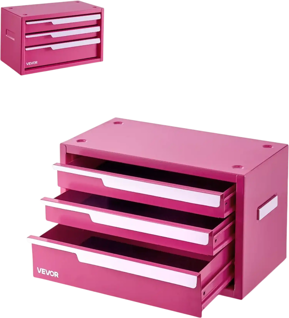VEVOR Steel Tool Box with 3 Drawers Portable Metal Toolbox Heavy Duty Pink, for Garage Workshop Repair Shop Workbench, Magnetic Design, Tool Chest Cabinet Storage Organizer, with Protective Liners