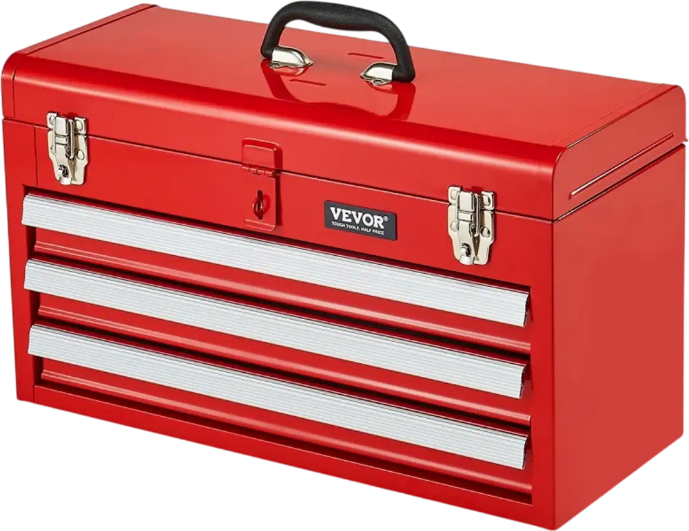 VEVOR Metal Tool Box, 20.5-inch, Portable Metal Tool Box with 3 Drawers, Small Tool Chest with EVA Liners, Ball Bearing Slide Drawers Locking & Powder Coated Finish, Multi-Function Tool Organizer, Red