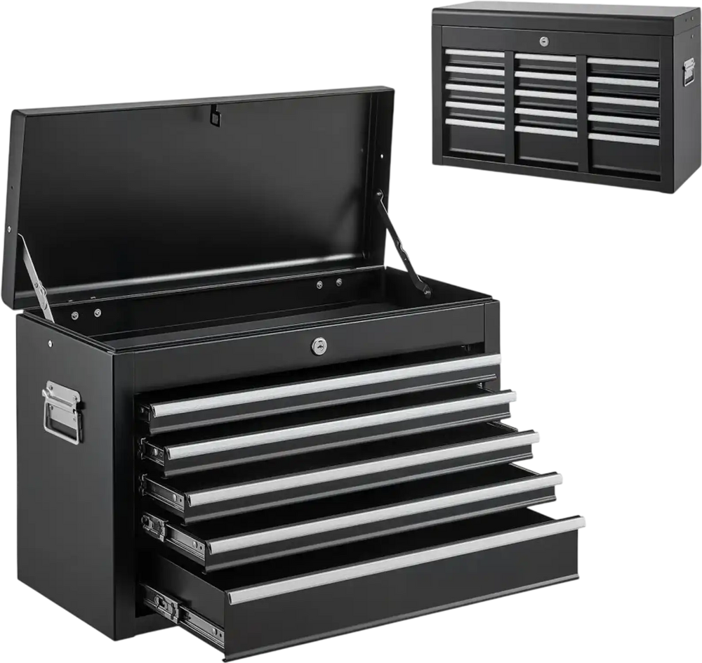 VEVOR Steel Tool Box 24" with 5 Drawers Portable Lockable Metal Toolbox, for Garage Workshop Repair Shop, Ball Bearing Drawer Slides, Auto-Locking Tool Storage Cabinet Organizer, with Handle, Black