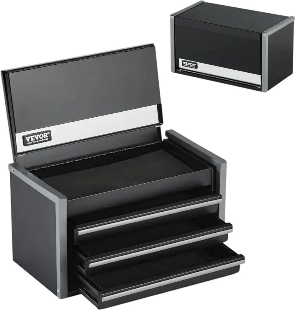 VEVOR Metal Tool Box, 8.6-inch, Portable Metal Tool Box with 3 Drawers, Small Tool Chest with EVA Liners and PP Feet Pads, Heavy-Duty Steel With Ball Bearing Opening and Powder Coated Finish, Black