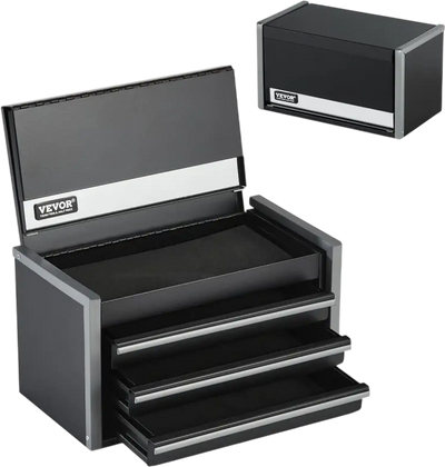 VEVOR Metal Tool Box, 8.6-inch, Portable Metal Tool Box with 3 Drawers, Small Tool Chest with EVA Liners and PP Feet Pads, Heavy-Duty Steel With Ball Bearing Opening and Powder Coated Finish, Black