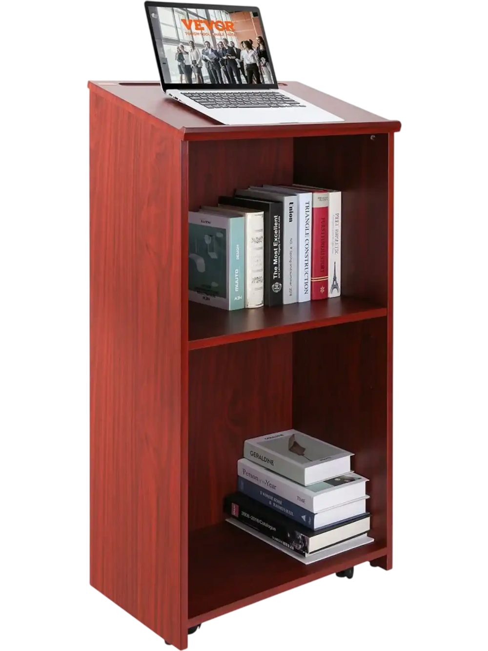 VEVOR Podium Stand, 47 inch Hostess Stand with 4 Rolling Wheels, Wood Podium with Storage Shelves and Slant Desktop, Lecterns & Podiums for Home, Office, School, Church, Brown