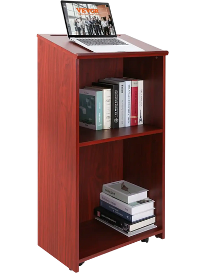 VEVOR Podium Stand, 47 inch Hostess Stand with 4 Rolling Wheels, Wood Podium with Storage Shelves and Slant Desktop, Lecterns & Podiums for Home, Office, School, Church, Brown