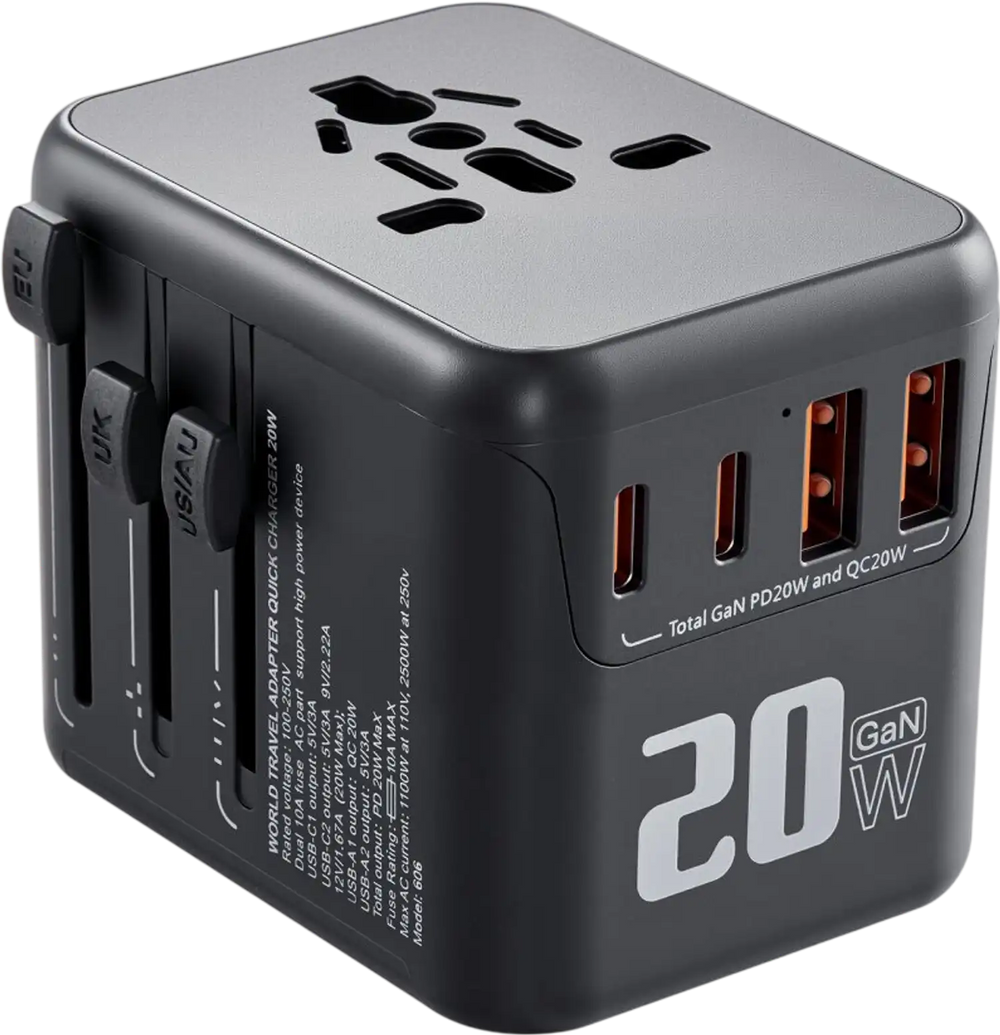 VEVOR Universal Travel Adapter, 5-in-1, International European Power Adapter with 2 USB-C, 2 USB-A Ports, 1 AC Outlet, 4 Different Plugs, Worldwide Plug Adaptor Wall Charger, for Europe UK EU AUS USA