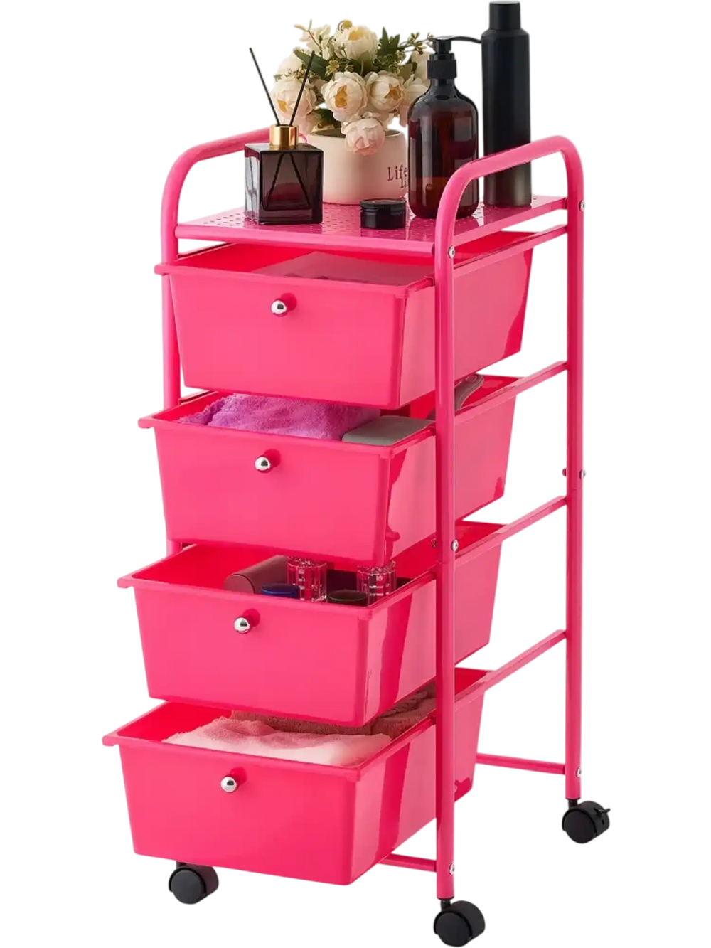 VEVOR Rolling Cart with Drawers, 4 Drawer Storage Organizer, Mobile Utility Cart with Steel Frame, Universal Casters & 2 Brakes, for Office, Classroom, Craft Tools, Garage, Cleaning Supplies, Rose Red