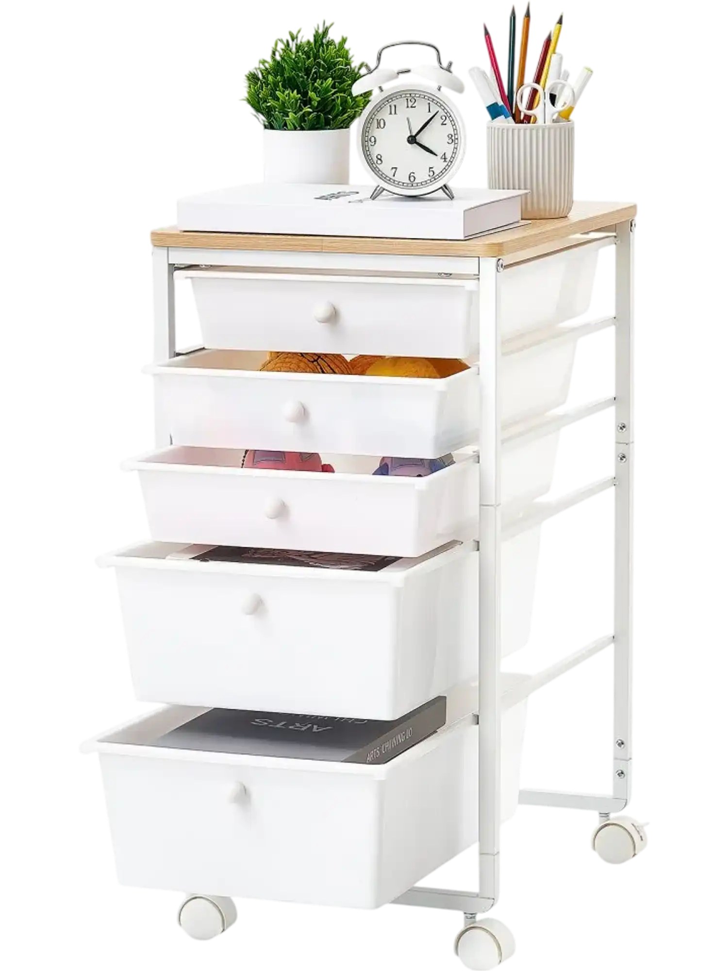 Vevor Rolling Cart 5-Drawer Storage Organizer with Wood Top White New