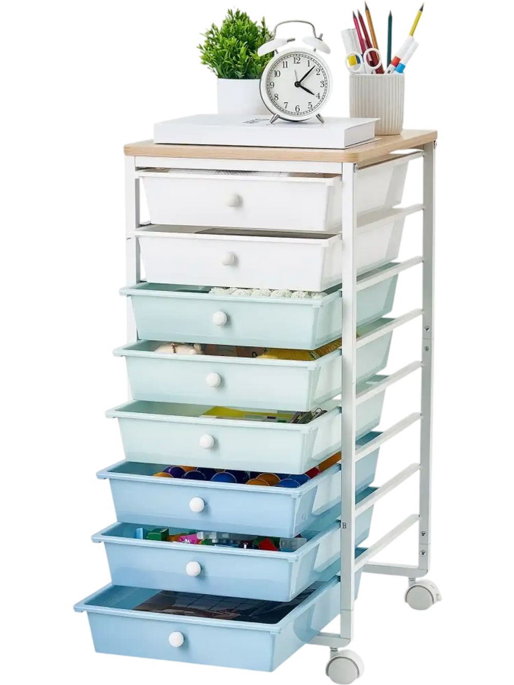 VEVOR Rolling Cart with Drawers, 8 Drawer Storage Organizer, Mobile Utility Cart with Wood Top, Steel Frame, Universal Casters & 2 Brakes, for Office, Classroom, Craft Supplies, Bedroom, Green Blue