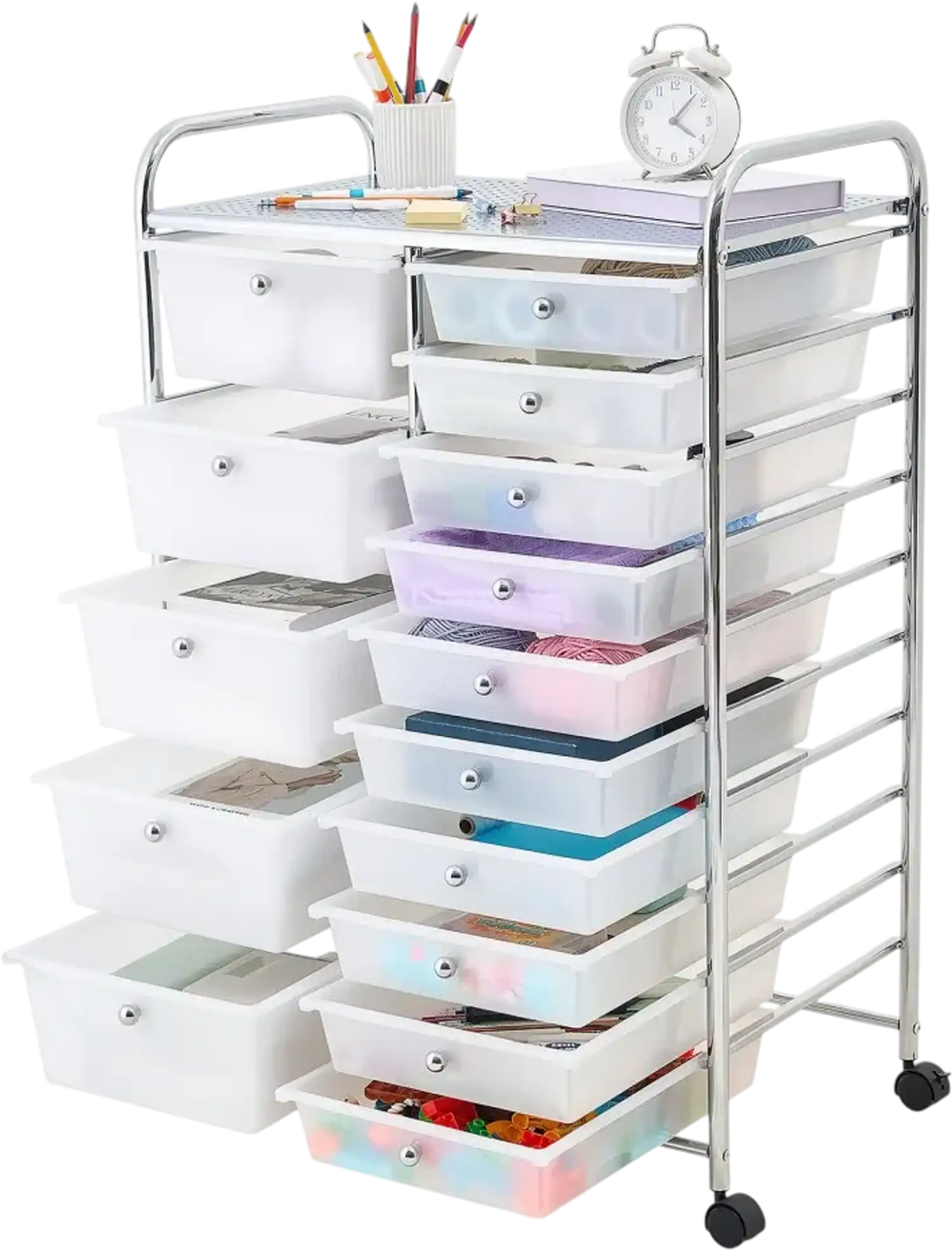 VEVOR Rolling Cart with Drawers, Double Row 15 Drawer Storage Organizer, Mobile Utility Cart with Chrome Steel Frame, Universal Casters & 2 Brakes, for Office, Classroom, Craft Room, Studio, Garage