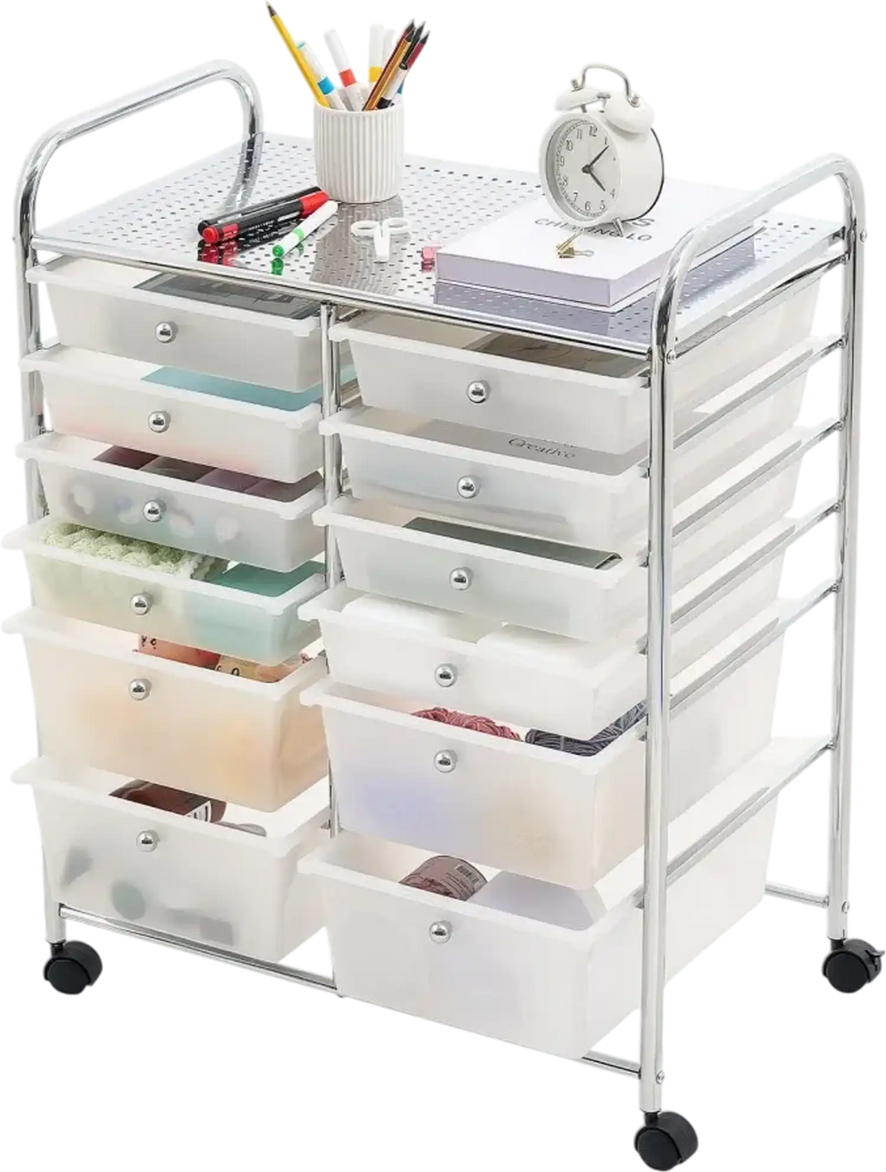 VEVOR Rolling Cart with Drawers, Double Row 12 Drawer Storage Organizer, Mobile Utility Cart with Chrome Steel Frame, Universal Casters & 2 Brakes, for Office, Classroom, Craft Room, Studio, Garage