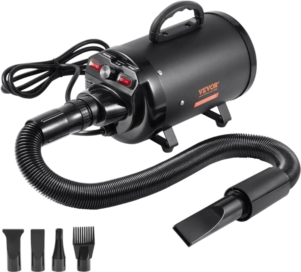 VEVOR Dog Dryer, 2000W/2.7HP Dog Blow Dryer, Pet Grooming Dryer with Adjustable Speed and Temperature Control, Pet Hair Dryer with 4 Nozzles and Extendable Hose, Black