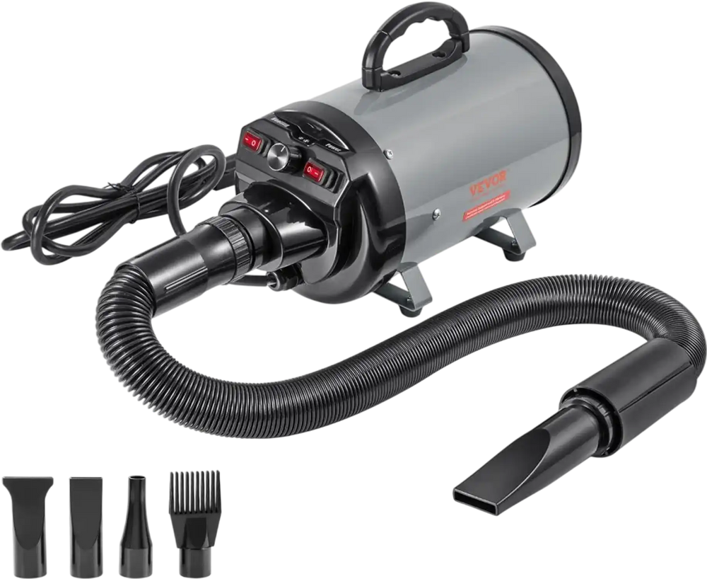 VEVOR Dog Dryer, 2000W/2.7HP Dog Blow Dryer, Pet Grooming Dryer with Adjustable Speed and Temperature Control, Pet Hair Dryer with 4 Nozzles and Extendable Hose, Grey and Black