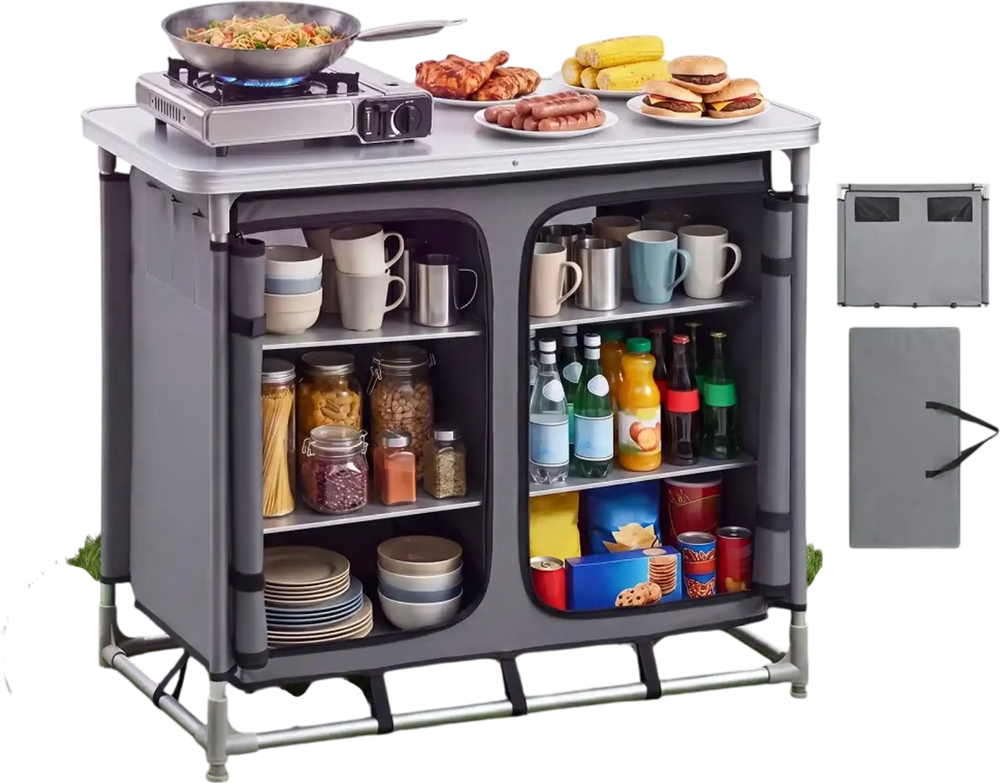 VEVOR Camping Storage Cabinet, Outdoor Portable Aluminum Lightweight Table, Quick Set-up Compact Kitchen Cook Station, with 6 Shelves and Carry Bag, for Picnic, BBQ, Party, Camping, RV Traveling