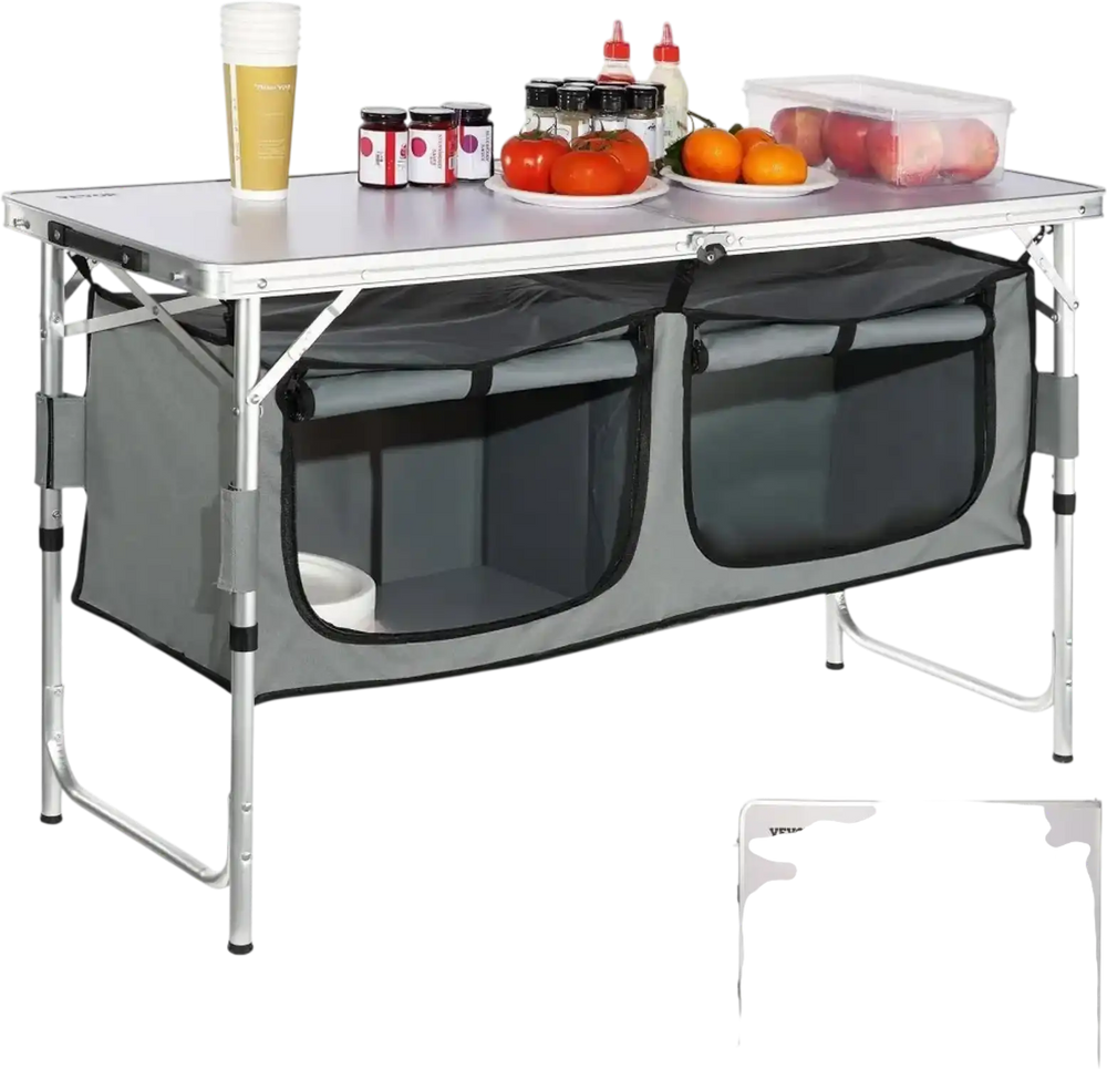 VEVOR Camping Kitchen Table, Quick set-up Folding Camping Table with A Carrying Bag, 3 Adjustable Heights, MDF Camping Table, Ideal for Outdoor Picnics, BBQs, Camping, RV Traveling