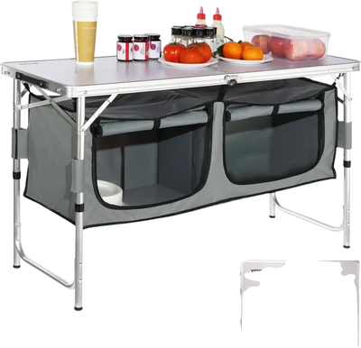 VEVOR Camping Kitchen Table, Quick set-up Folding Camping Table with A Carrying Bag, 3 Adjustable Heights, MDF Camping Table, Ideal for Outdoor Picnics, BBQs, Camping, RV Traveling