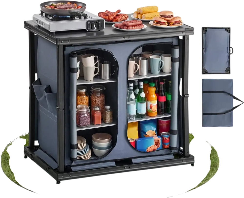 VEVOR Folding Camping Storage Cabinet, Outdoor Portable Aluminum Lightweight Table, Quick Set-up Compact Kitchen Cook Station, with 6 Shelves and Carry Bag, for Picnic, BBQ, Camping, RV Traveling