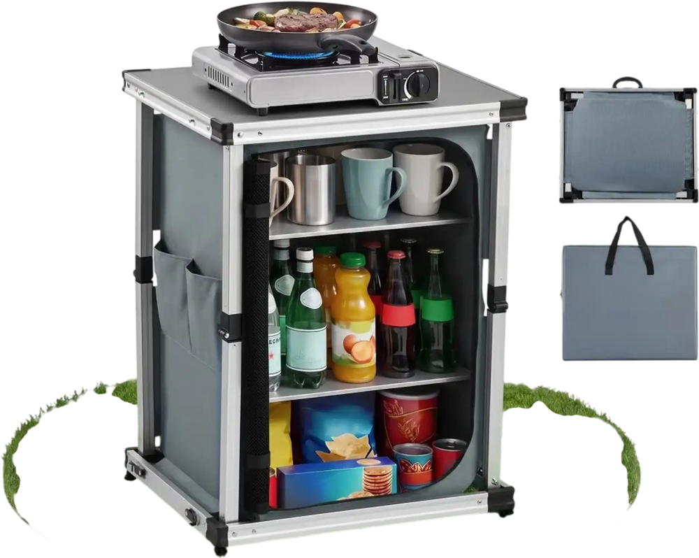 VEVOR Folding Camping Storage Cabinet, Outdoor Portable Aluminum Lightweight Table, Quick Set-up Compact Kitchen Cook Station, with 3 Shelves and Carry Bag, for Picnic, BBQ, Camping, RV Traveling