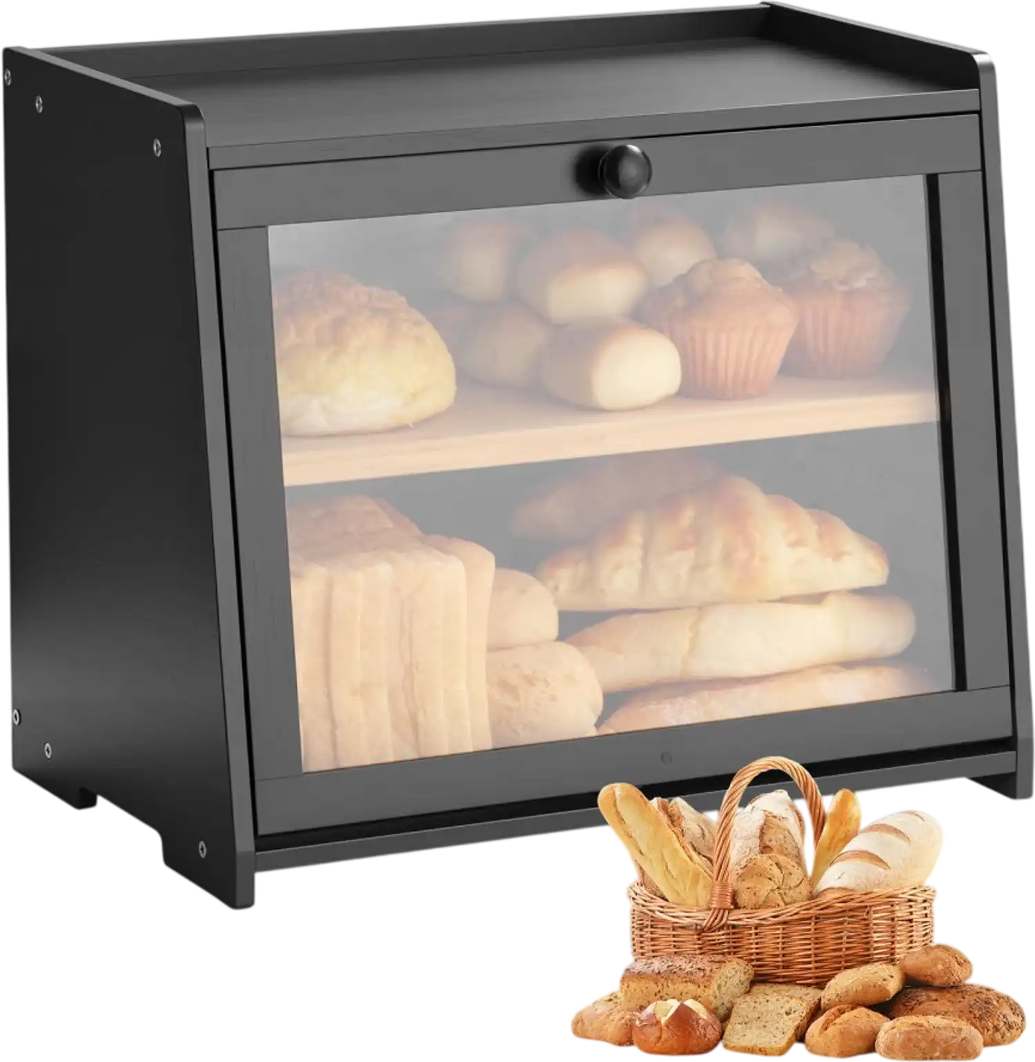 Vevor Bread Box Double Layer Bamboo Storage Container Black New
