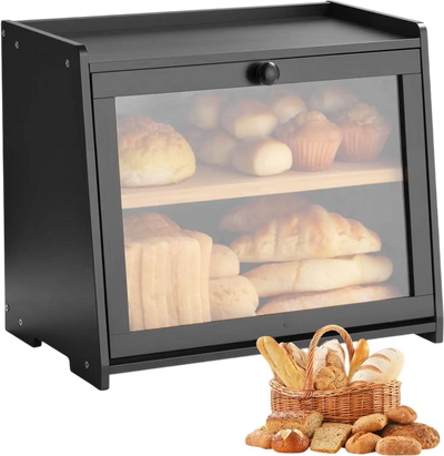 Vevor Bread Box Double Layer Bamboo Storage Container Black New
