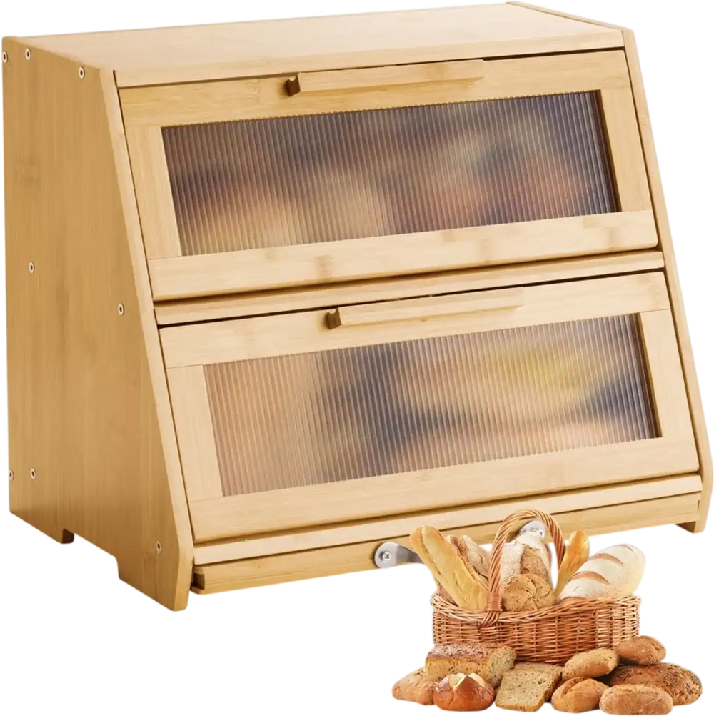 VEVOR Double Layer Bread Box for Kitchen Counter, Large Capacity Bamboo Bread Storage Container, Farmhouse Wooden Breadbox for Homemade Bread, Storage Holder Bin with Acrylic Wavy Door Panel, Natural