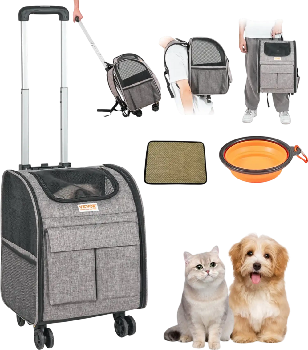 VEVOR Rolling Pet Carrier Backpack with Removable Wheels for Under 18LBS, Large Soft Sided Wheeled Dog Carrier Cat Travel Carrier Airline Approved for Small Dogs and Medium Cats with Upgraded Wheels
