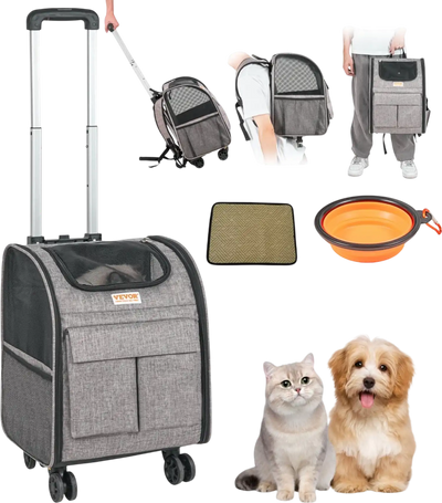 Vevor Pet Carrier Rolling Backpack with Removable Wheels Gray New