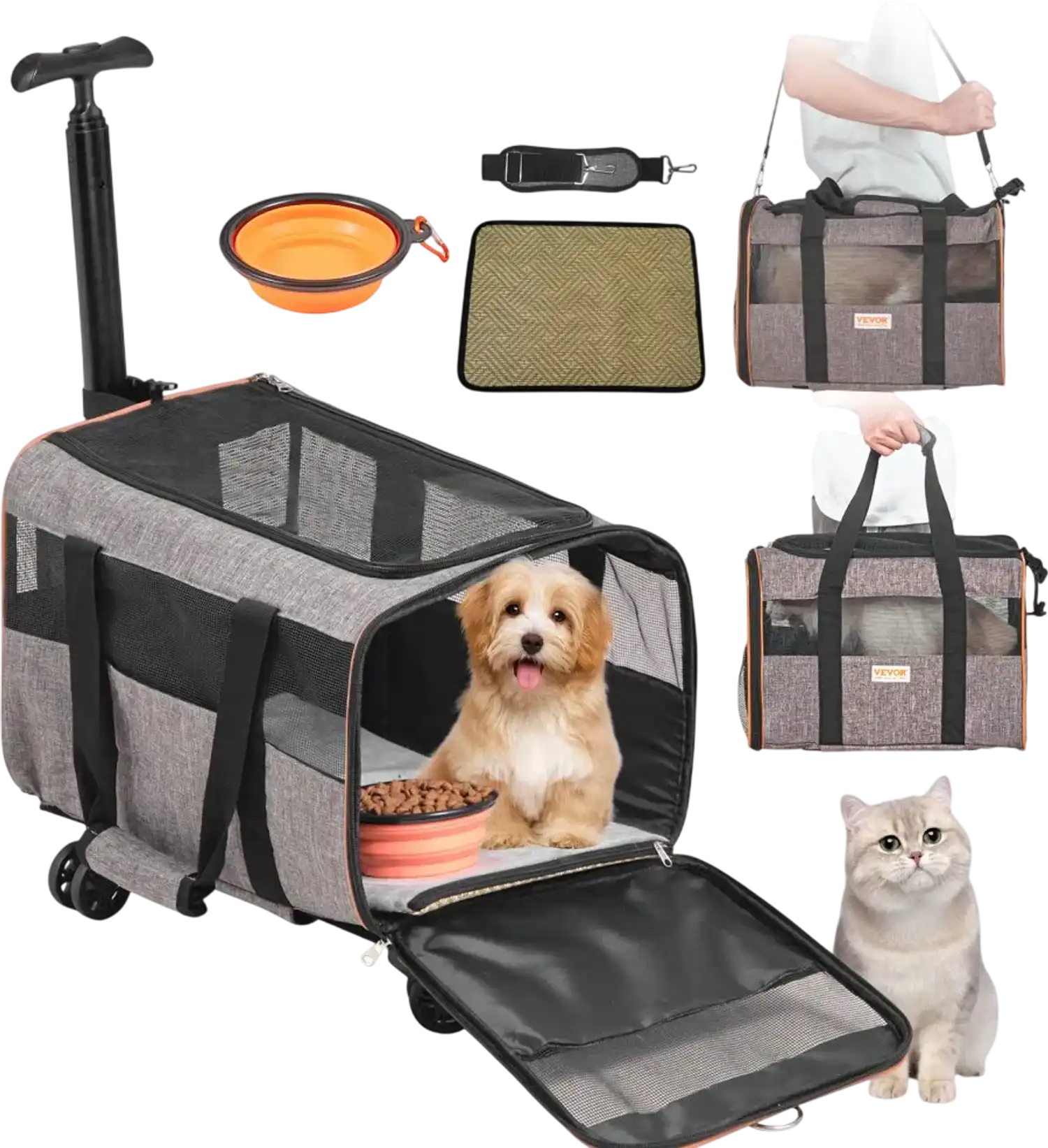 Vevor Pet Carrier Cat Carrier with Wheels Airline Approved Rolling Carrier 22 lbs Grey New