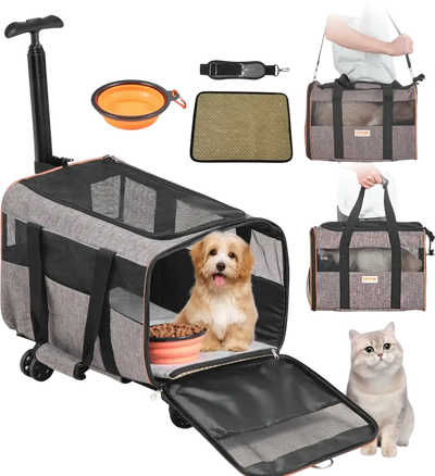 Vevor Pet Carrier Cat Carrier with Wheels Airline Approved Rolling Carrier 22 lbs Grey New