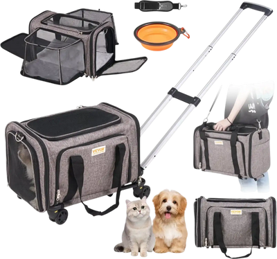 VEVOR Cat Carrier with Wheels, Airline Approved Rolling Pet Carrier with Telescopic Handle and Shoulder Strap, Dog Carrier with Wheels for Pets under 25 lbs, with 1 Folding Bowl, Grey