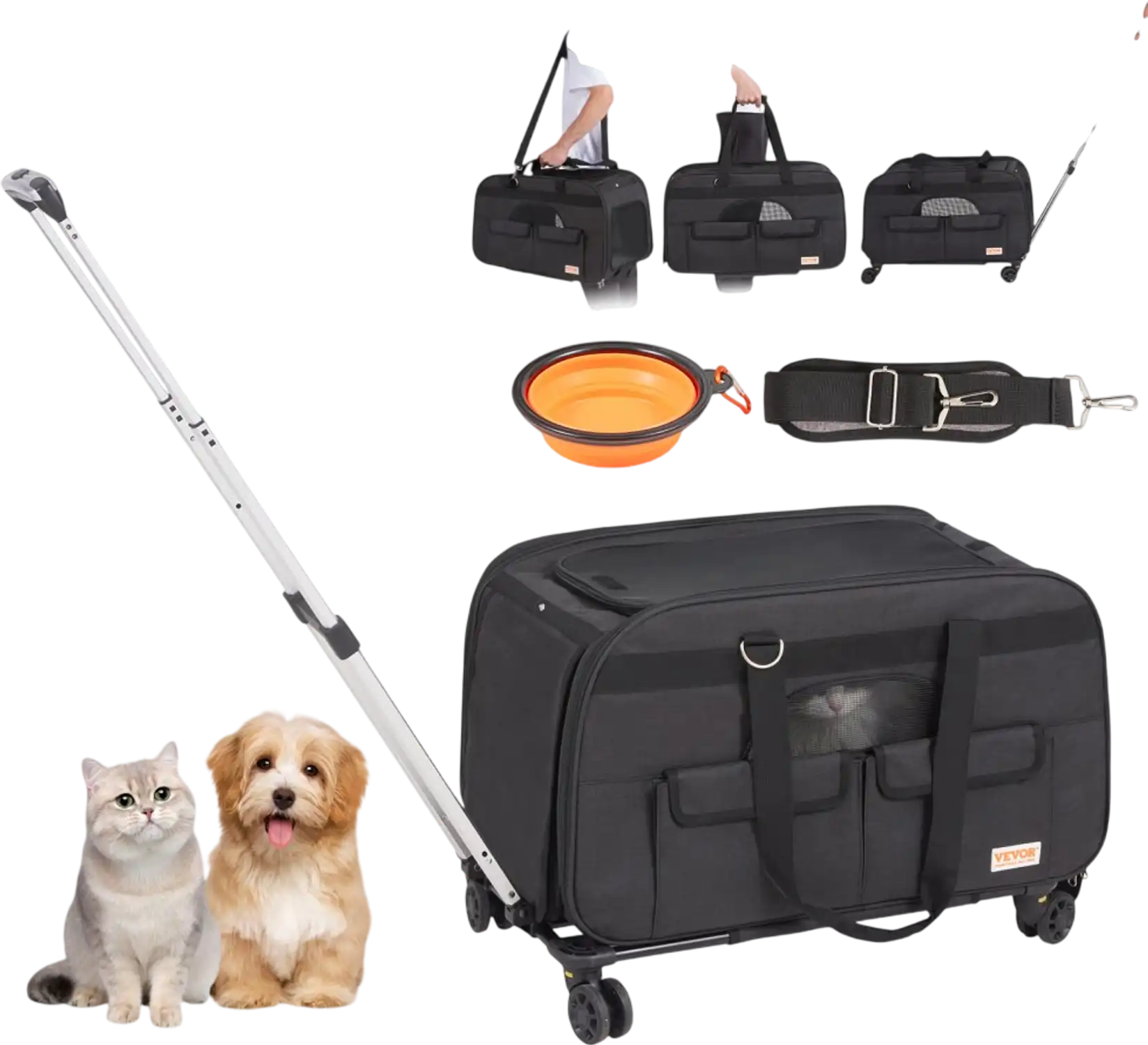 Vevor Pet Carrier Rolling Cat and Dog Carrier with Wheels 35 lbs Black New
