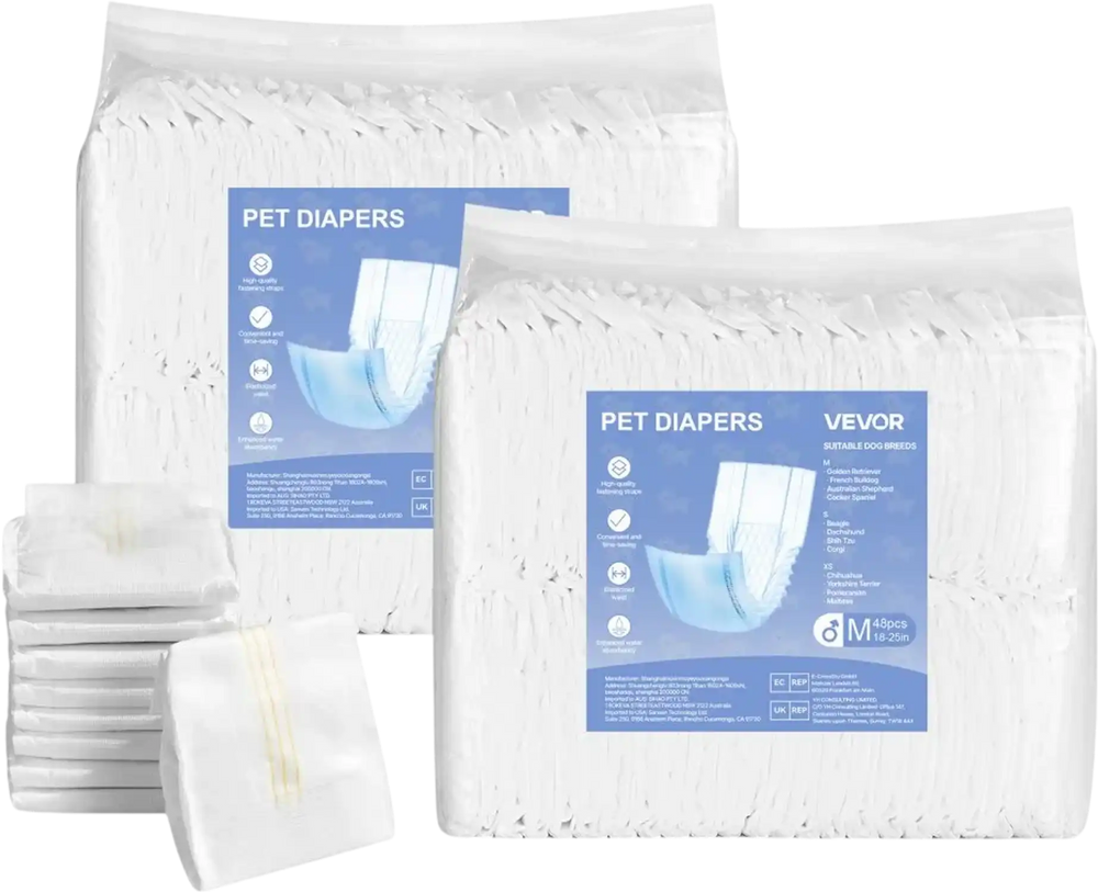 VEVOR Disposable Male Dog Diapers, Super Absorbent Male Dog Wraps, 360 ° Leak-Proof Belly Bands with Wetness Indicator for Doggies in Heat, Training, Incontinence - M, 96 Count (2 Packs of 48)