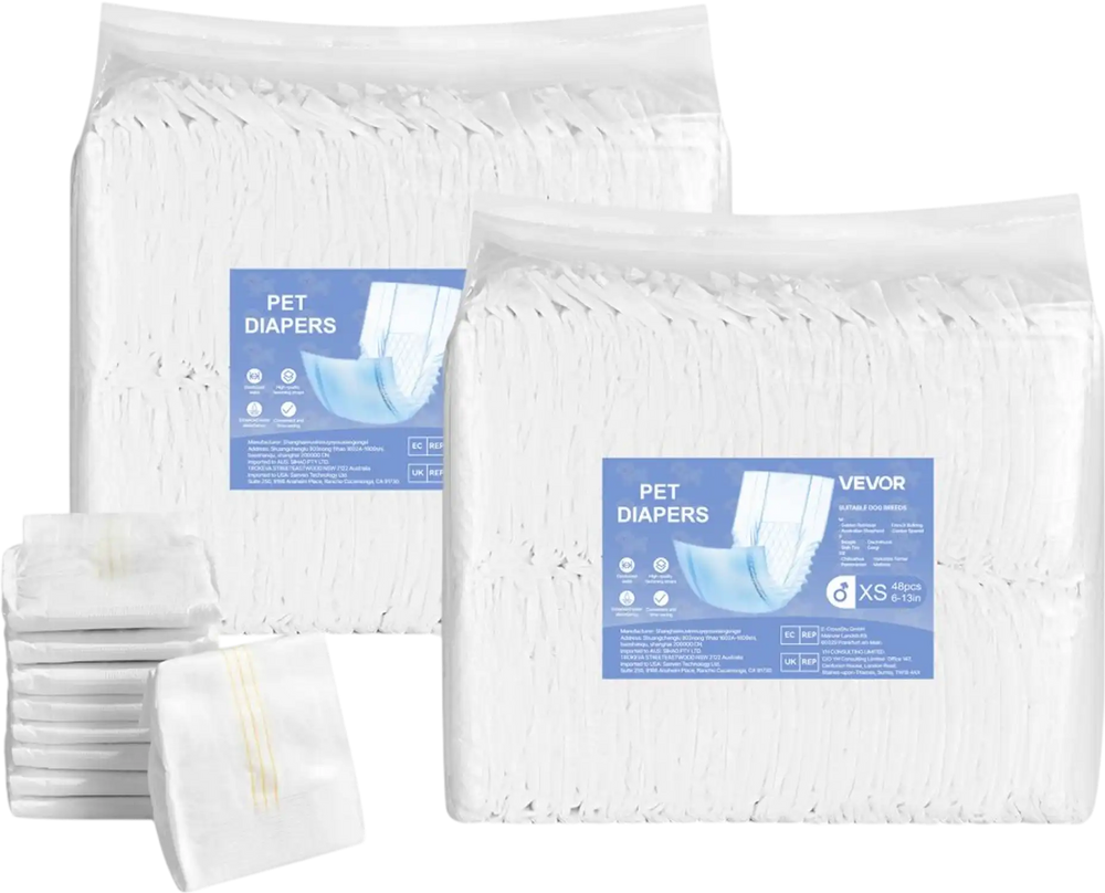 VEVOR Disposable Male Dog Diapers, Super Absorbent Male Dog Wraps, 360 ° Leak-Proof Belly Bands with Wetness Indicator for Doggies in Heat, Training, Incontinence - XS, 96 Count (2 Packs of 48)