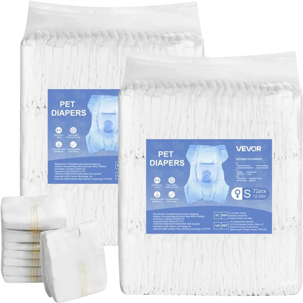 VEVOR Disposable Dog Diapers, Super Absorbent Female Dog Diapers, 360° Leak-Proof Female Doggy Pet Diaper with Wetness Indicator for Heat Period, Training, Incontinence - S, 144 Count (2 Packs of 72)