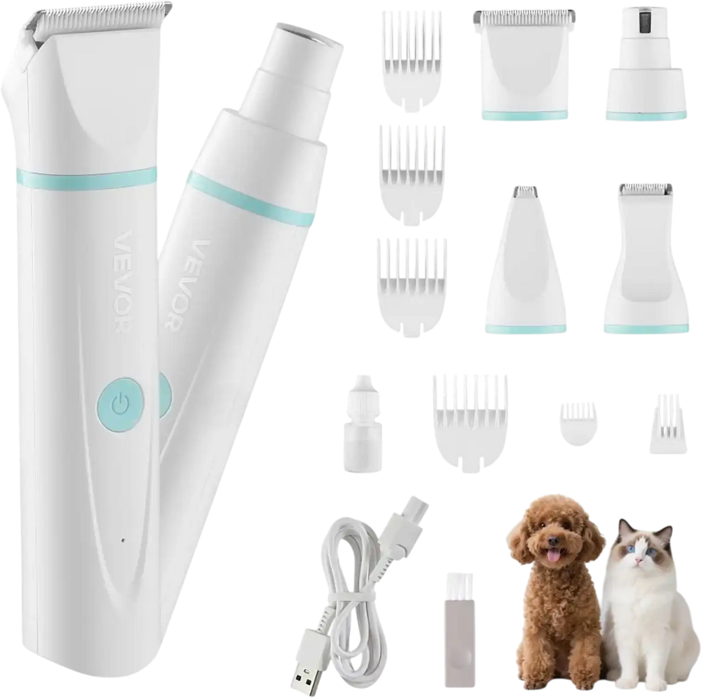 VEVOR Dog Clippers for Grooming, 4 in 1 Dog Grooming Kit, Low Noise, Rechargeable Pet Shaver with 6 Combs & 4 Detachable Blades, Waterproof Cordless Pet Hair Trimmers Nail Grinder Set for Dogs Cats