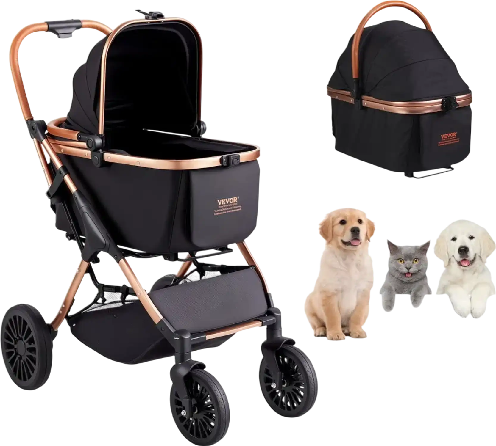 Vevor Pet Stroller 4-Wheel Dog Stroller with Detachable Carrier Black New