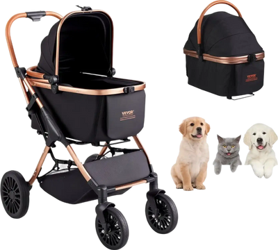 Vevor Pet Stroller 4-Wheel Dog Stroller with Detachable Carrier Black New
