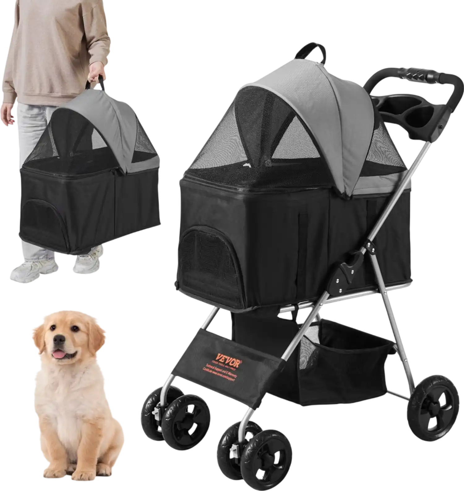 Vevor Pet Stroller 4-Wheel Foldable Detachable Carrier Black Dark Grey New