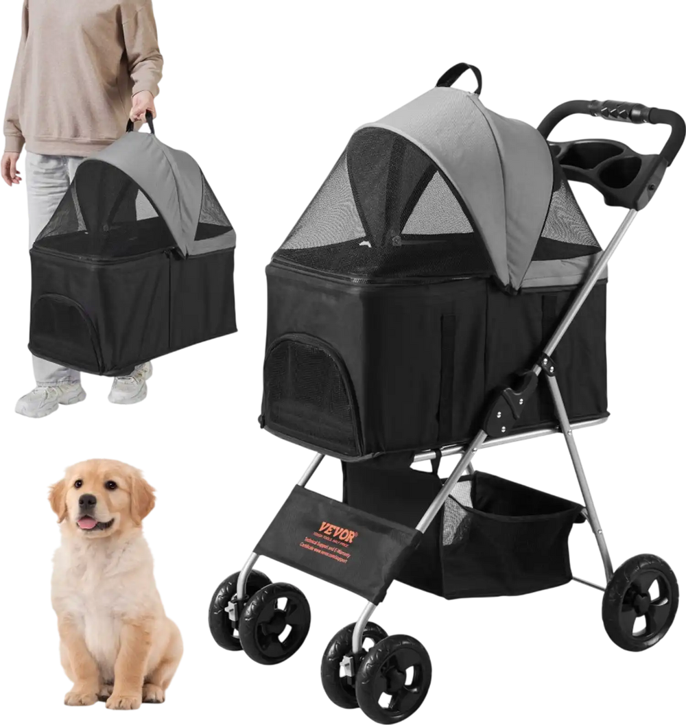 VEVOR Pet Stroller, 4 Wheels Dog Stroller Rotate with Brakes, 35lbs Weight Capacity, Puppy Stroller with Detachable Carrier, Storage Basket and Cup Holder, for Dogs and Cats Travel, Black+Dark Grey