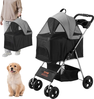 Vevor Pet Stroller 4-Wheel Foldable Detachable Carrier Black Dark Grey New