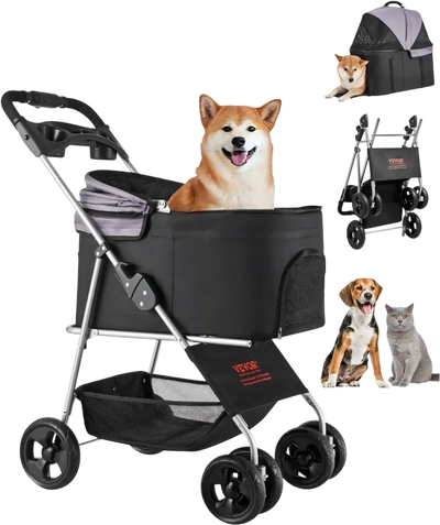 VEVOR Pet Stroller, 35 lbs Weight Capacity, Foldable Dog Stroller Cart, 4 Wheels Cats Pram with Detachable Carrier & Mesh Windows, Portable Animal Carrier with Brake for Small to Medium Pets
