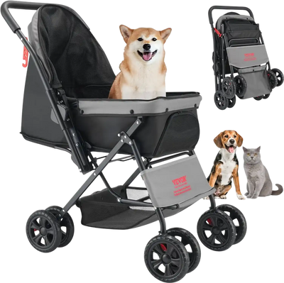 VEVOR Pet Stroller, 44 lbs Weight Capacity, Foldable Dog Stroller Cart, 4 Wheels Cats Stroller with Mesh Windows & Revrsible Handle, Portable Pet Carrier Stroller with Brake, for Small to Medium Pets