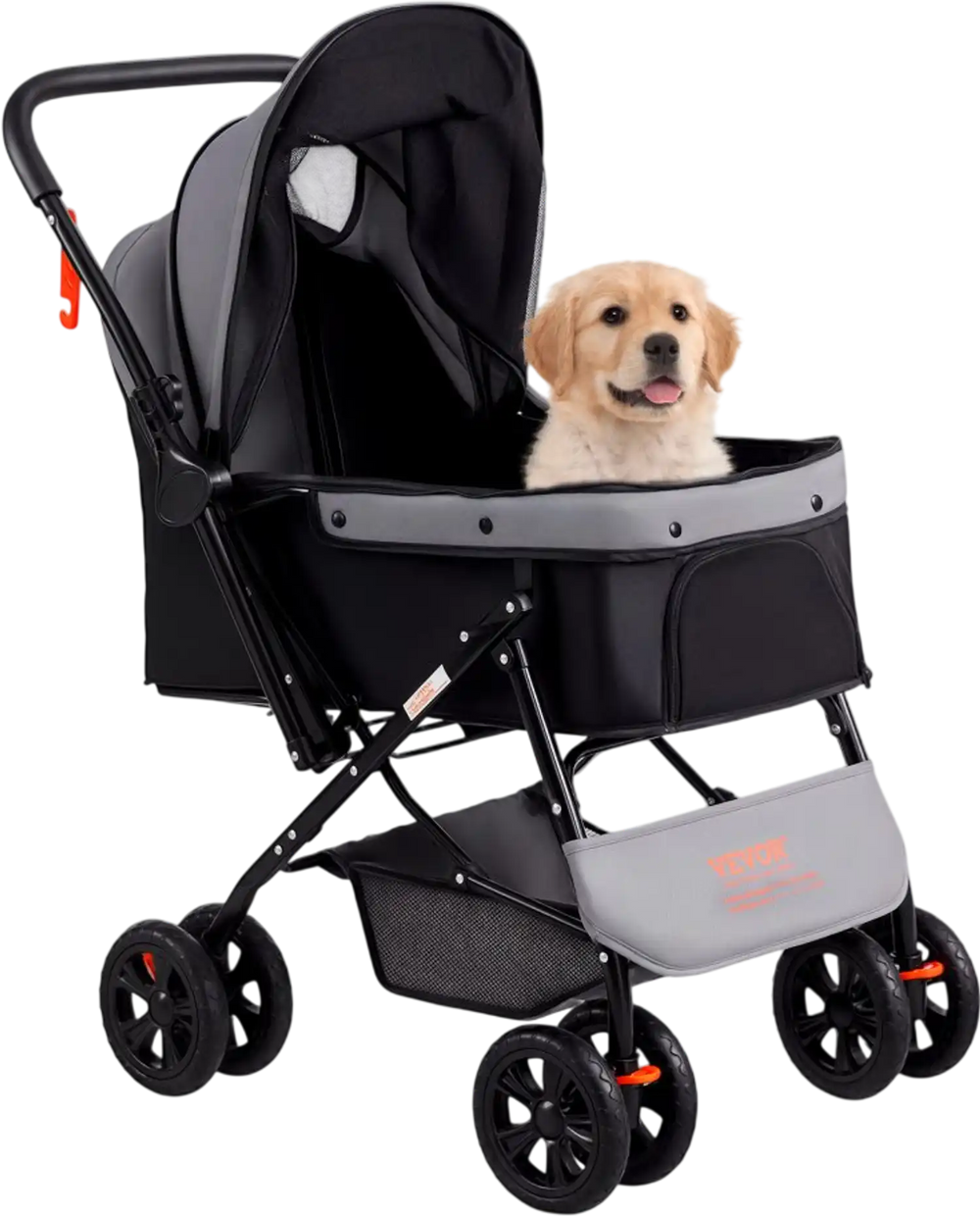 VEVOR Pet Stroller, 4 Wheels Dog Stroller Rotate with Brakes, 44lbs Weight Capacity, Puppy Stroller with Reversible Handlebar, Storage Basket and Zipper, for Dogs and Cats Travel, Black+Grey
